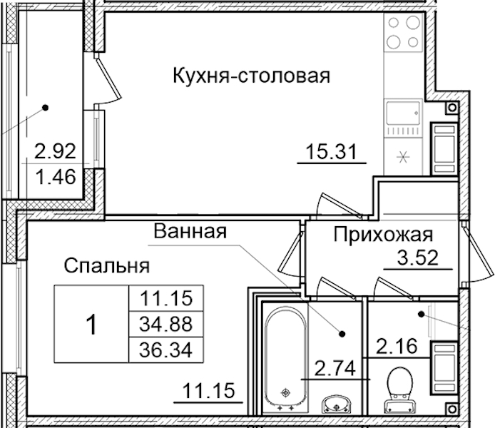 1-комнатная квартира 36.34 м², 4/9 эт., ЖК «Квартал Заречье»